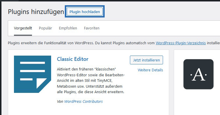 WordPress Administration - Plugin hochladen